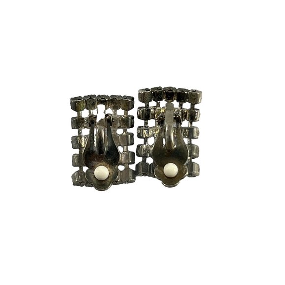 Vintage Silver Tone Rhinestones Sparkle Clip On Earrings Rectangle Shape - Picture 2 of 4